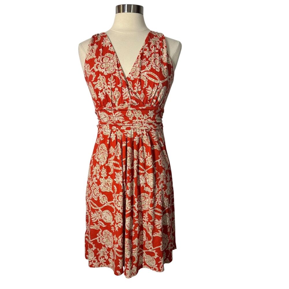 Ann Taylor Women’s Medium Orangey Red Tan Floral V-Neck Dress NWT $89.99